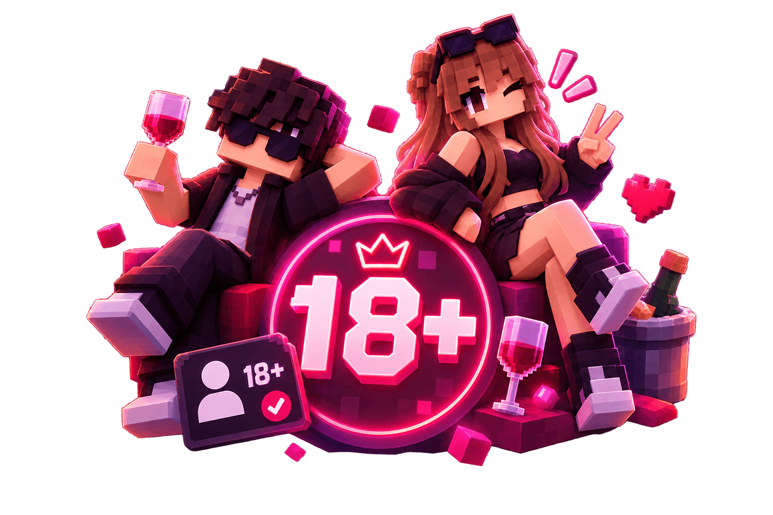 A pixel-art gate on a floating island with an 18+ sign