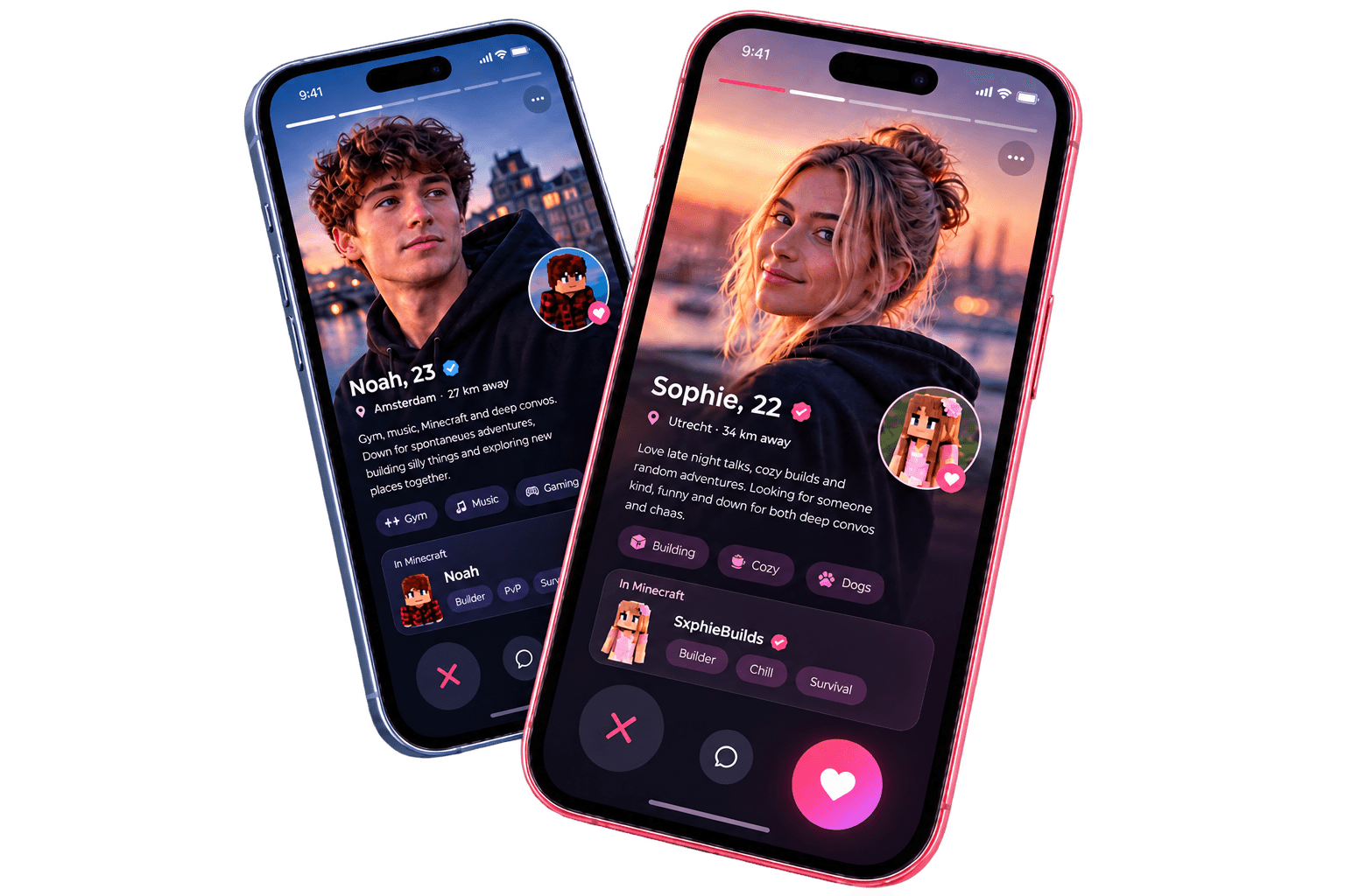 The DateSMP app showing a Minecraft dating profile card, with pixel hearts around it