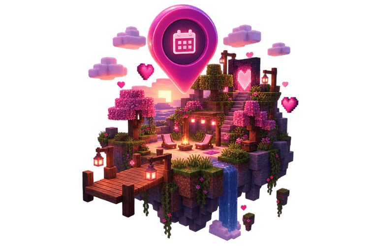 A lantern-lit Minecraft date island with a calendar pin above it