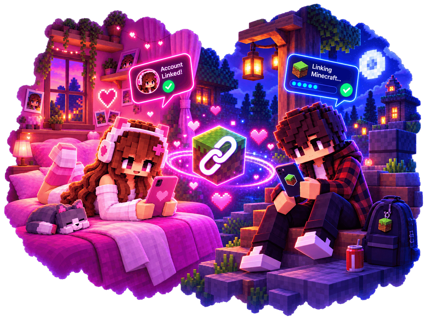 A phone and a Minecraft character linked by a glowing chain