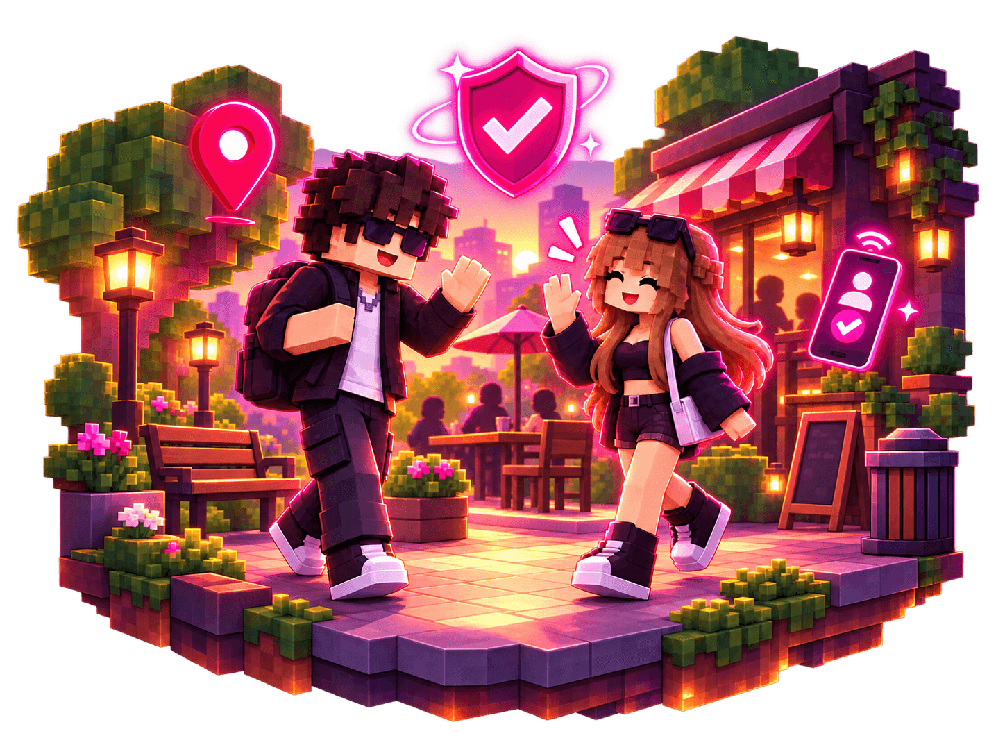 Two Minecraft characters stepping off an island towards a city skyline