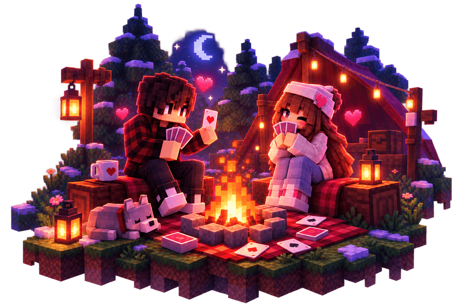 Two Minecraft characters building together inside a date world