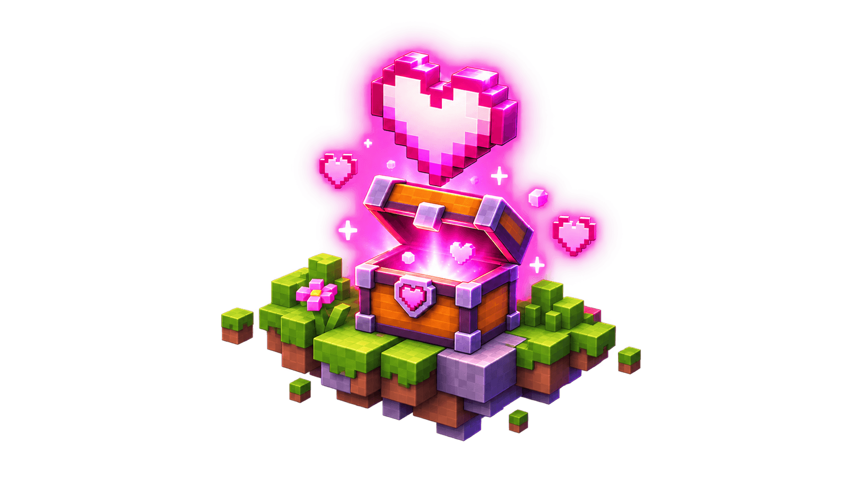An open Minecraft chest on a small grass island with pixel hearts rising out of it